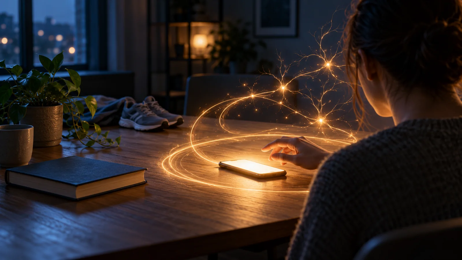 O persoană întinde mâna spre un telefon luminos, înconjurat de o buclă de lumină asemănătoare unei rețele neuronale, în timp ce o carte, pantofi sport și o plantă rămân în plan secund.