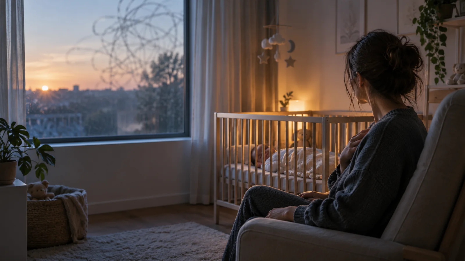 Un părinte văzut din spate stă lângă pătuțul unui copil care doarme, într-o cameră luminată la răsărit, iar pe geam se vede discret un desen abstract încâlcit.