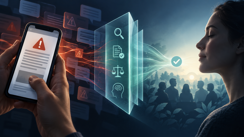 Telefon care afișează un document neverificat, separat vizual de o sursă oficială verificată, simbolizând filtrarea dezinformării.