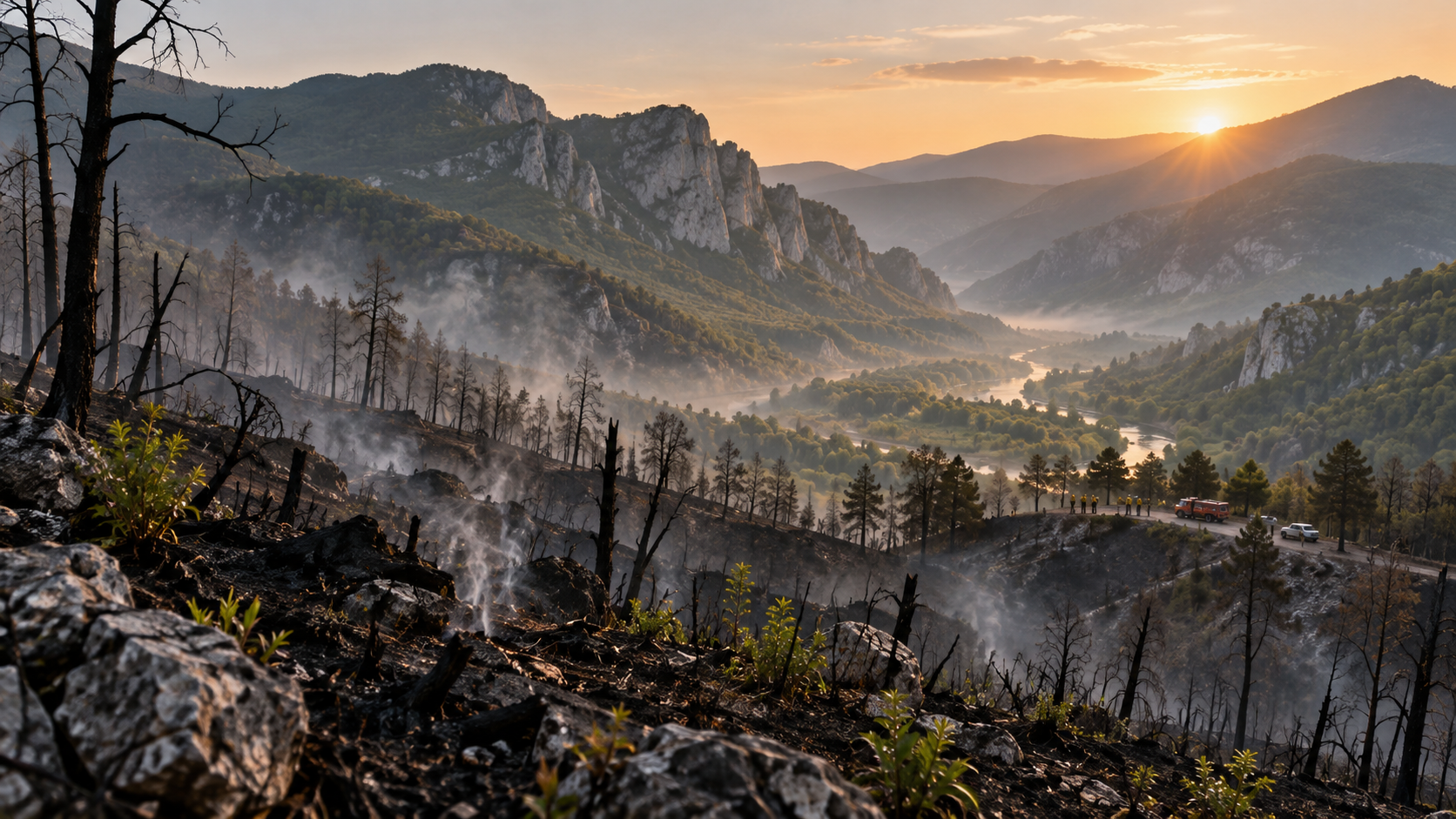Peisaj montan afectat de un incendiu, cu fum care se ridică spre o zonă luminată și o comunitate sugerată discret în depărtare, simbolizând trecerea de la alarmă la recuperare.