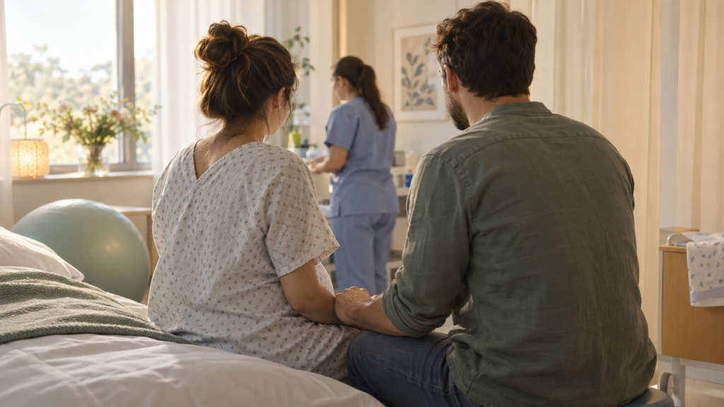 Femeie însărcinată și persoana aleasă să o însoțească, văzute discret într-o maternitate luminoasă, cu intimitatea protejată de o perdea și personal medical în fundal.