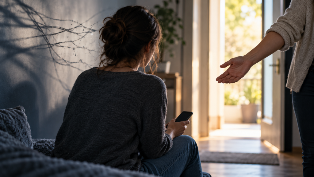 Persoană așezată cu telefonul în mână, în timp ce o altă persoană îi oferă sprijin lângă o ușă luminată, simbolizând ieșirea din controlul coercitiv.