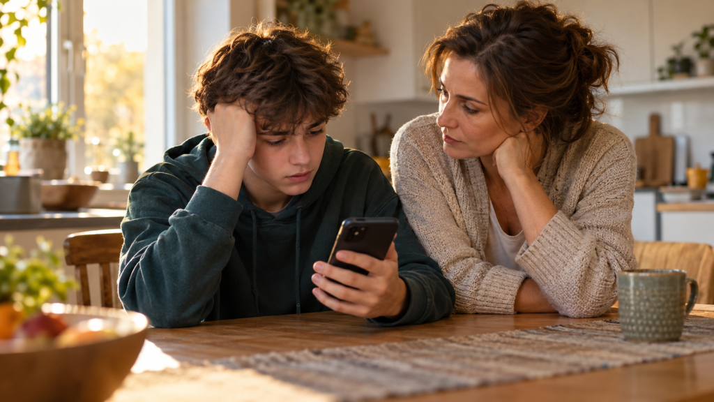 Adolescent așezat lângă un părinte, discutând calm despre un mesaj dificil văzut pe telefon, într-un cadru sigur și empatic.