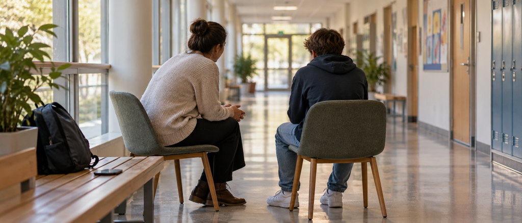 Consilier școlar și adolescent văzuți din spate, discutând într-un coridor luminos, cu un telefon așezat deoparte, simbolizând sprijinul psihologic și siguranța după un incident grav.