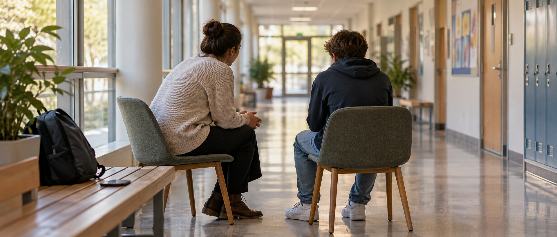 Consilier școlar și adolescent văzuți din spate, discutând într-un coridor luminos, cu un telefon așezat deoparte, simbolizând sprijinul psihologic și siguranța după un incident grav.